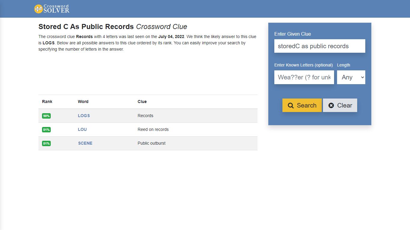 Stored, As Public Records - Crossword Clue Answers - Crossword Solver