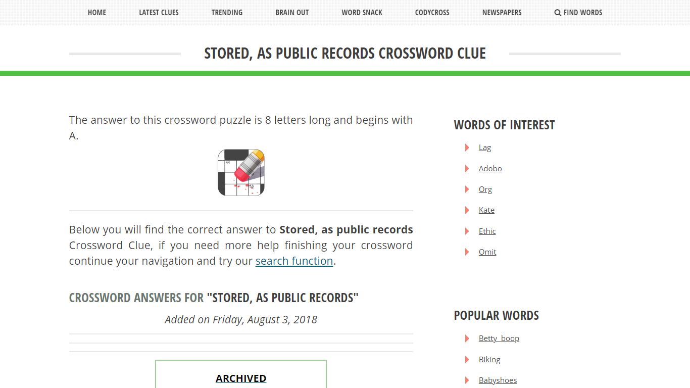 Stored, As Public Records - Crossword Clue Answer