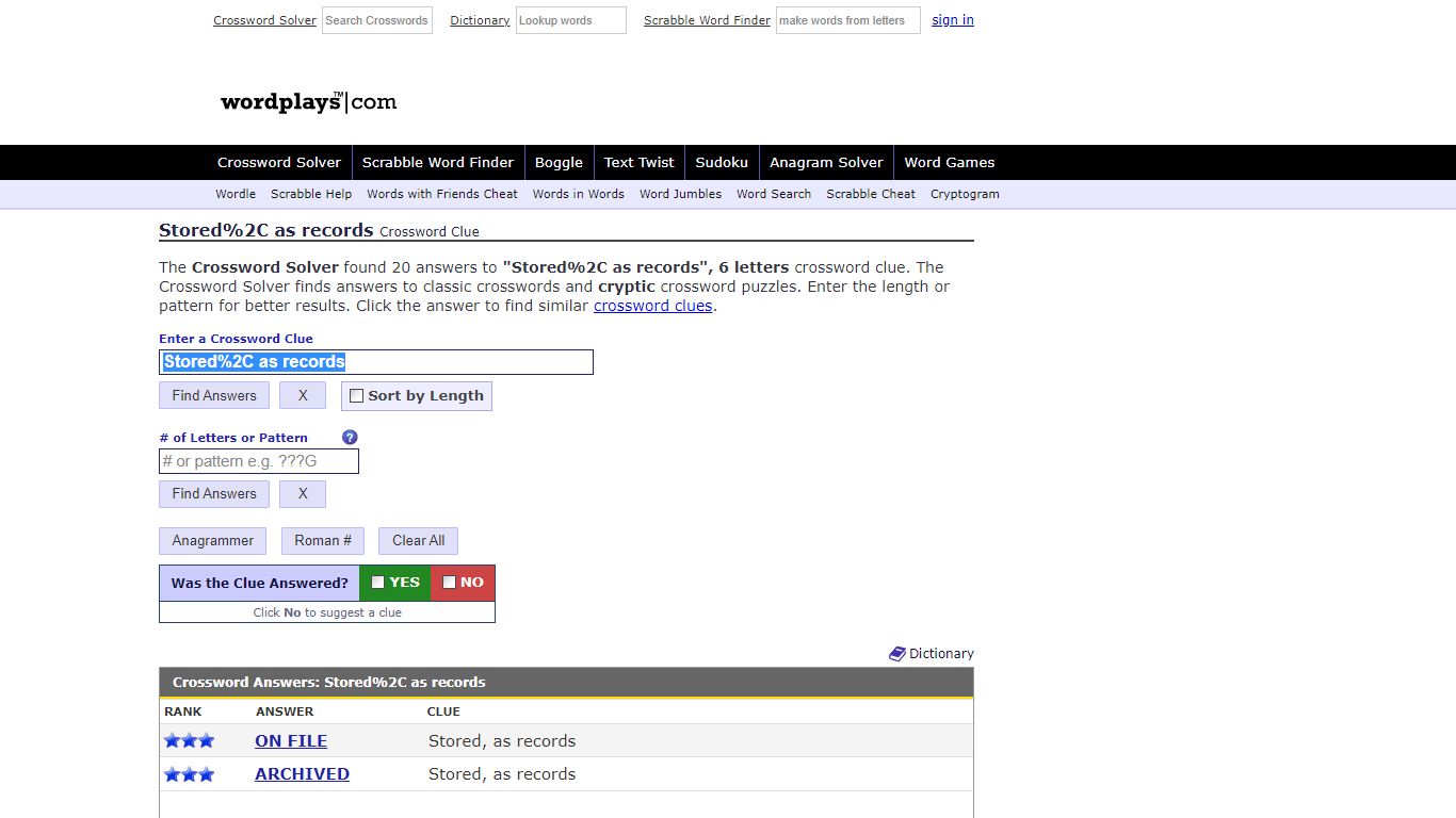 Stored, as records Crossword Clue | Wordplays.com